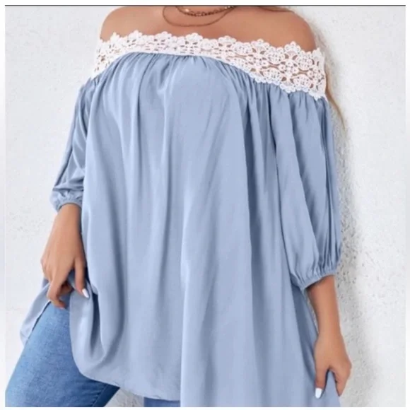Blue and White Off-Shoulder 3/4 Sleeve Blouse - Picture 3 of 4